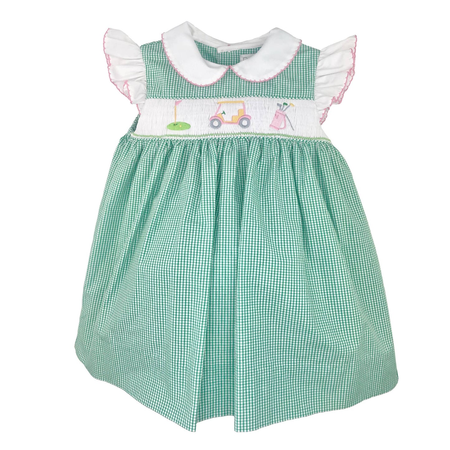 Green checkered dress with white collar and embroidered details on a white background