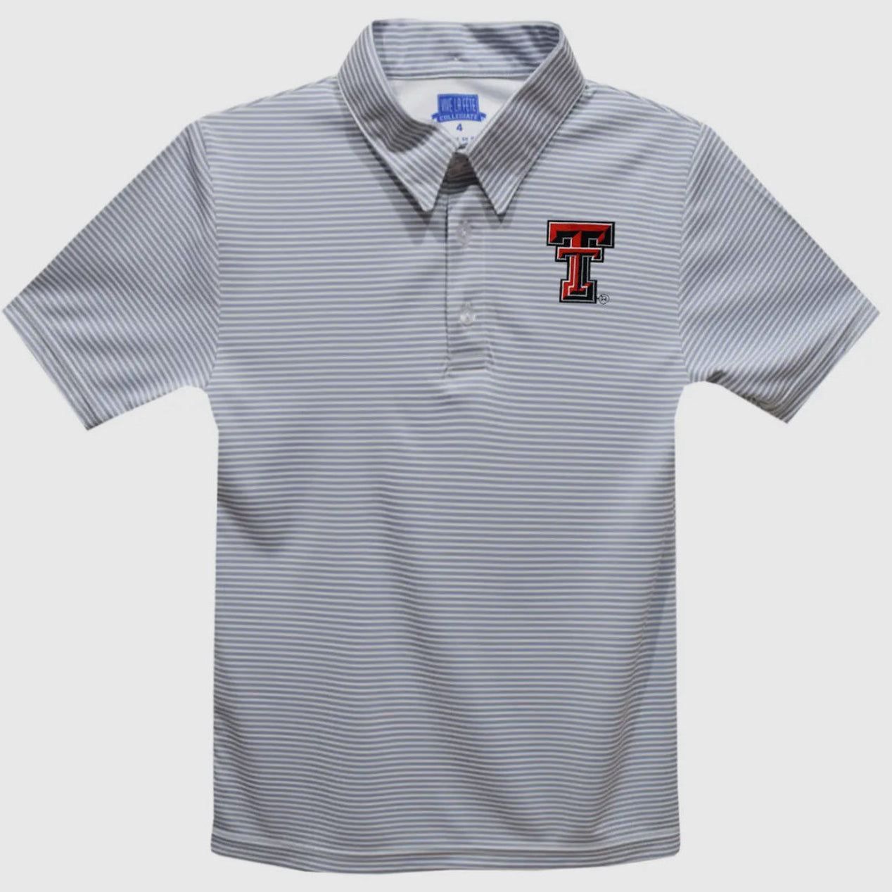 Gray striped polo shirt with a logo on a white background