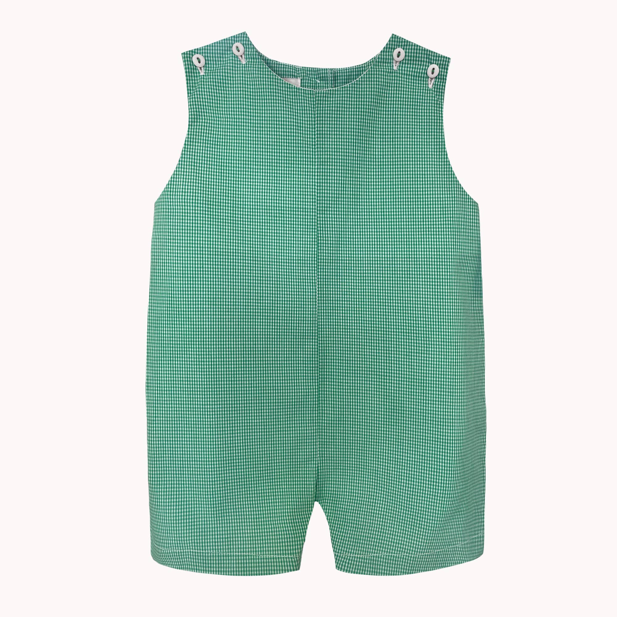 Green checkered romper with button straps on a white background