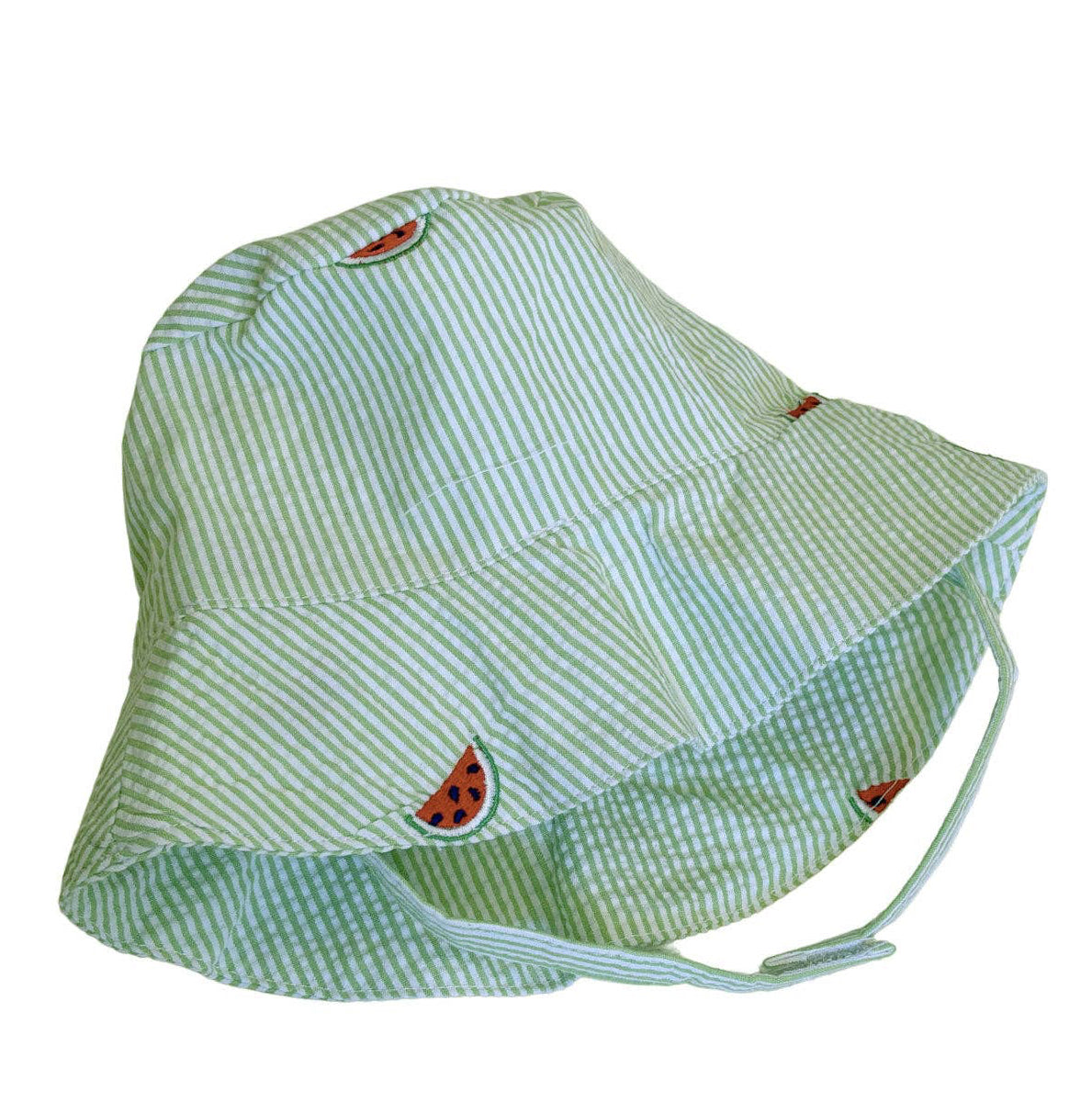 Green and white striped sun hat with watermelon designs on a white background