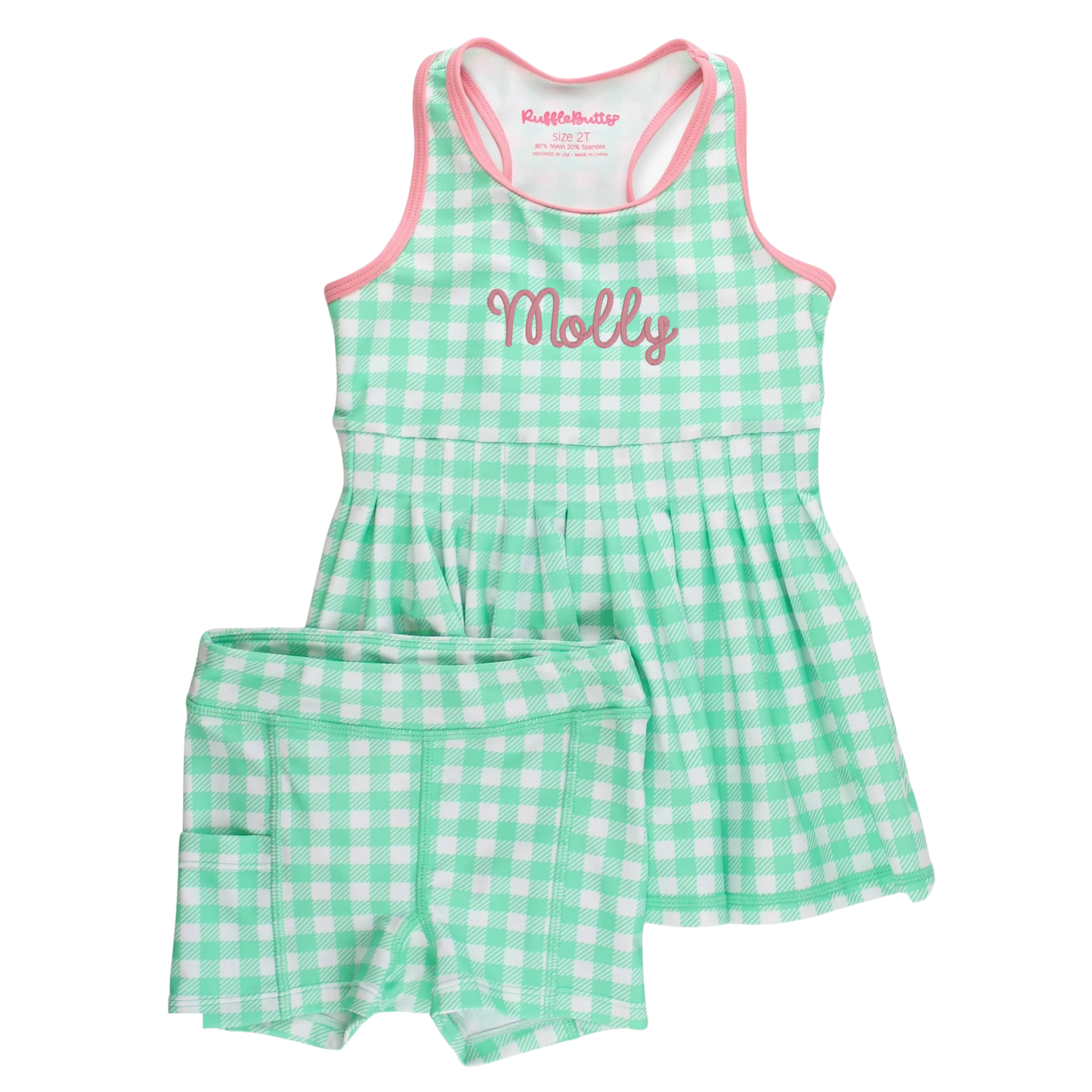 Green & White Active Dress with Pink trim and matching biker shorts on white background