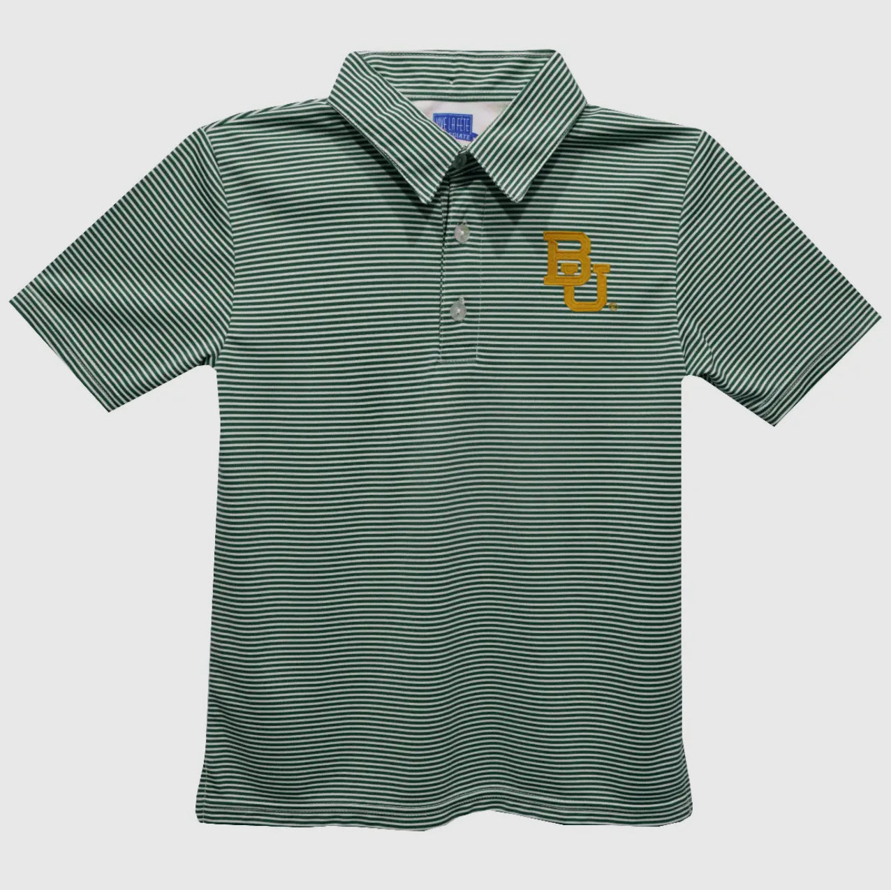 Green striped polo shirt with a logo on a light gray background