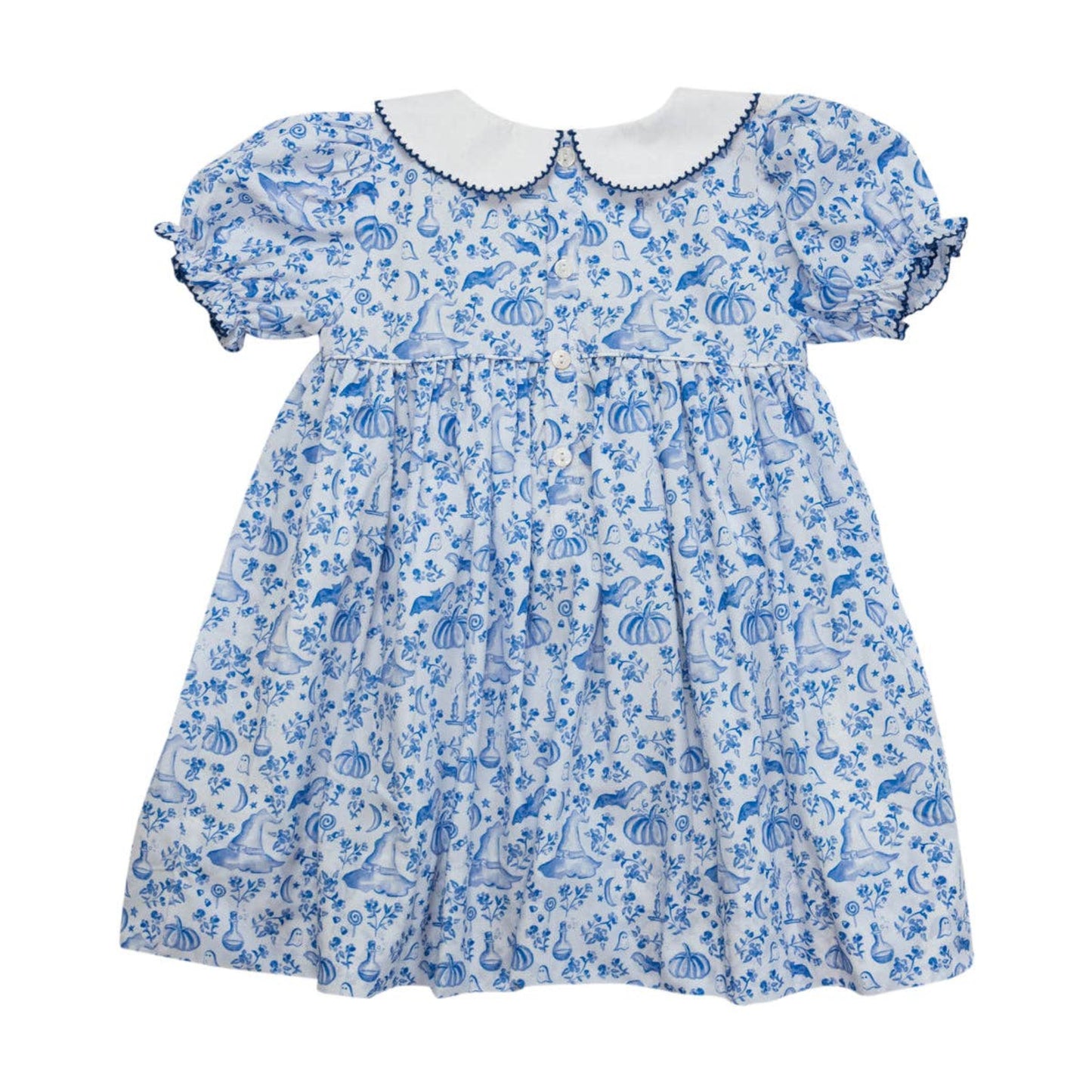 Children's dress with blue floral pattern on a white background