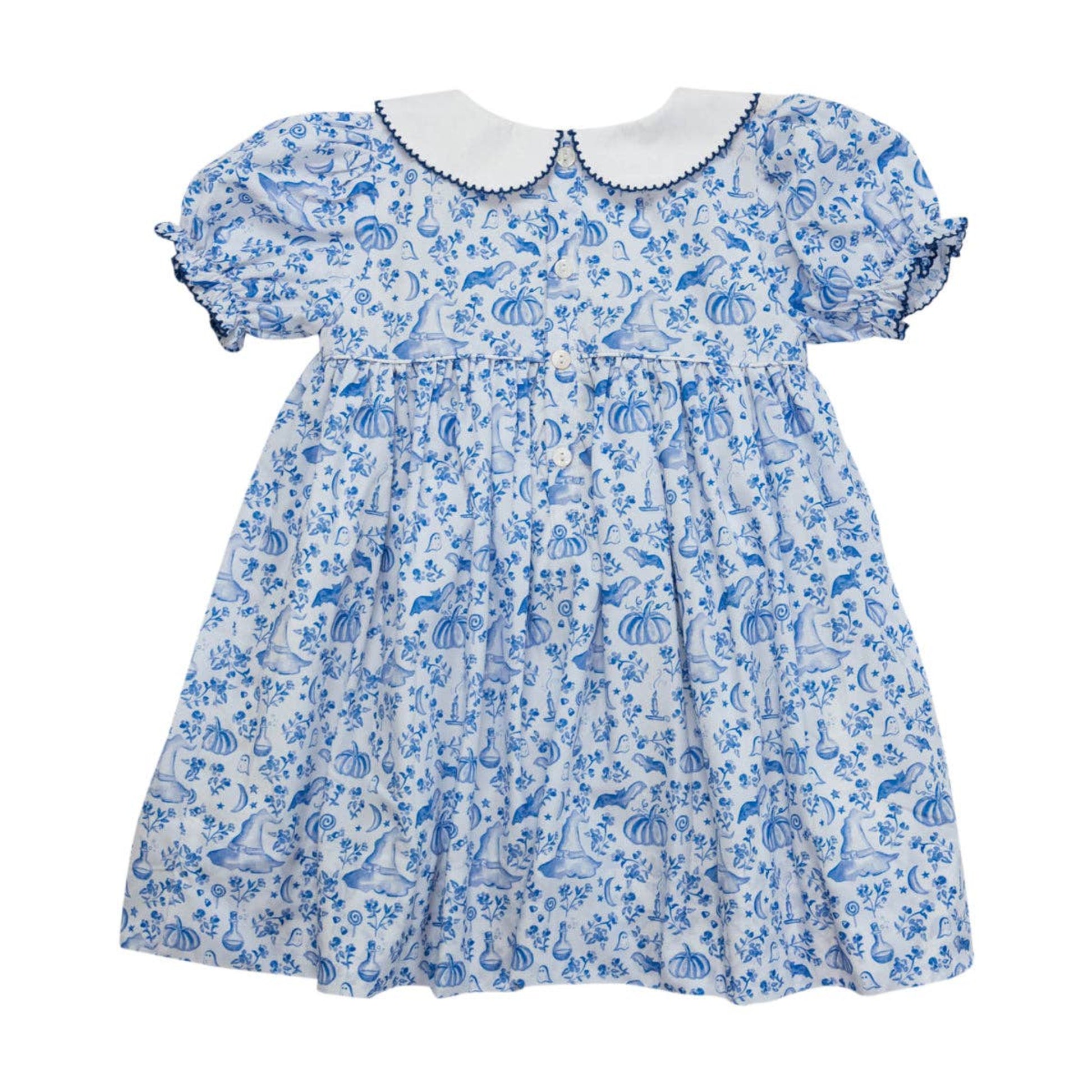 Children's dress with blue floral pattern on a white background