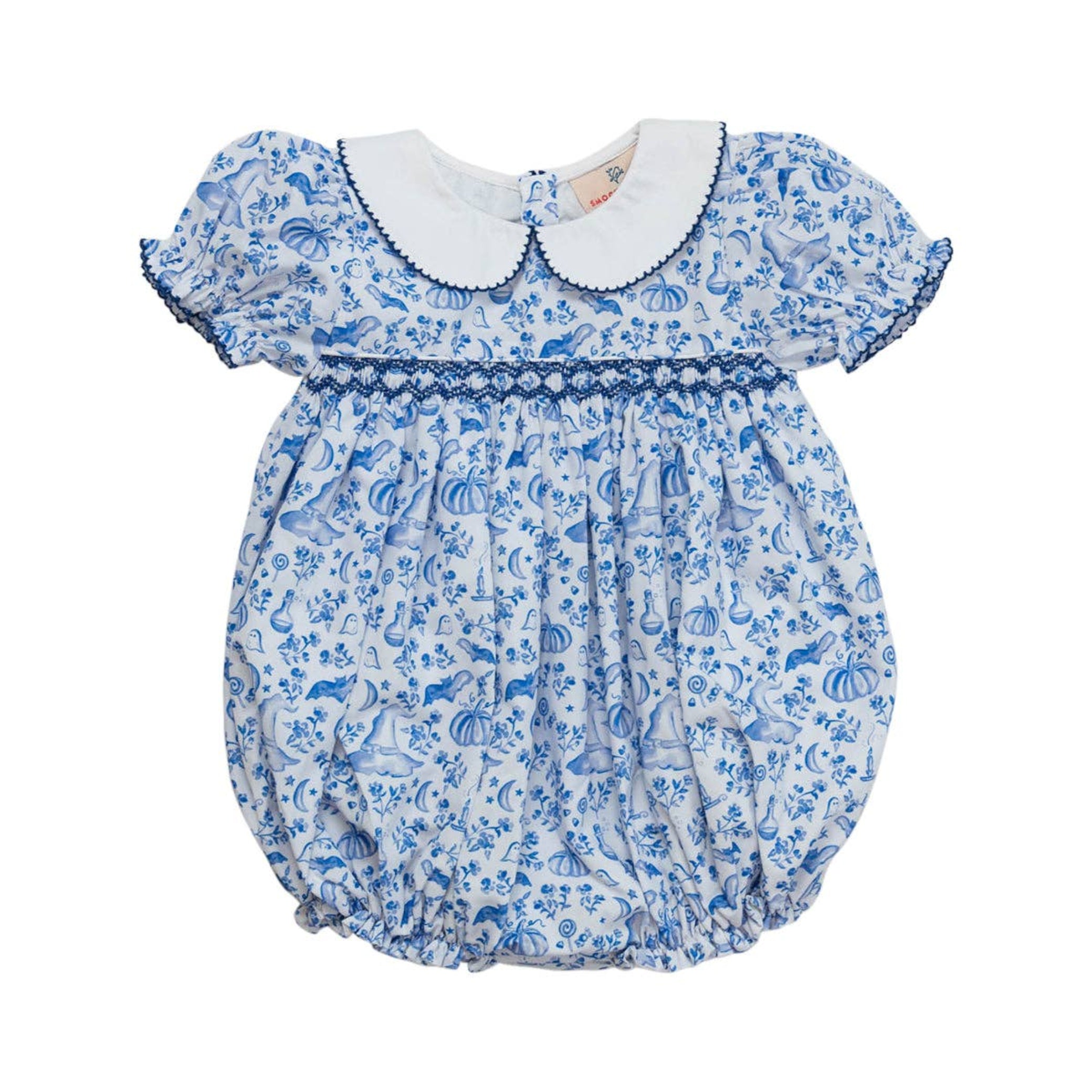 Baby romper with blue floral pattern on a white background