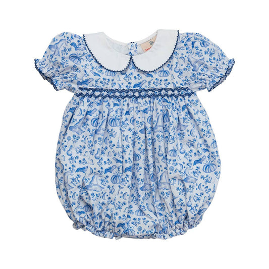 Baby romper with blue floral pattern on a white background