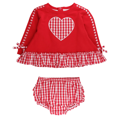 Red checkered outfit with a heart design on a white background