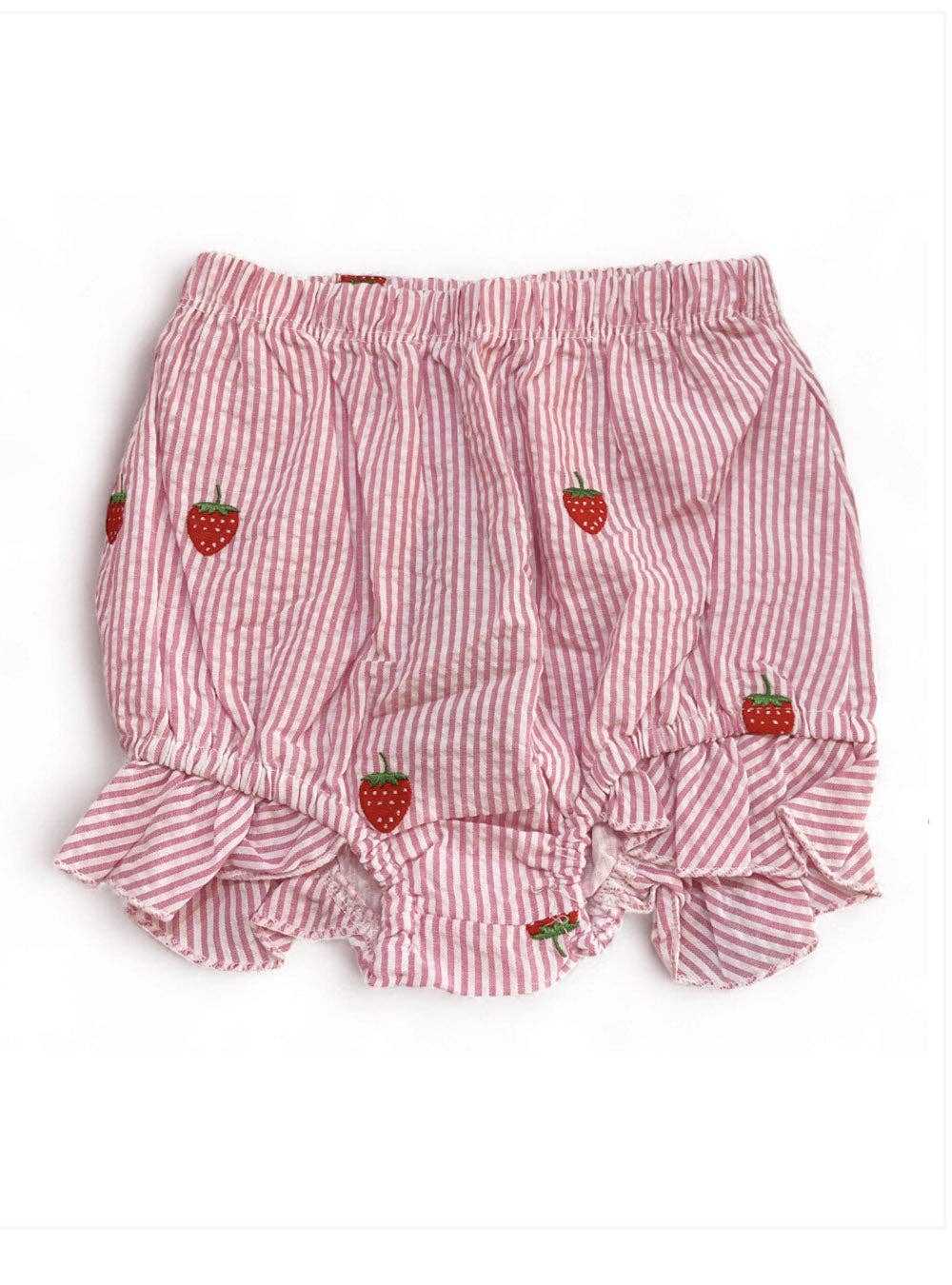Pink and white striped baby bloomers with strawberry designs on a white background