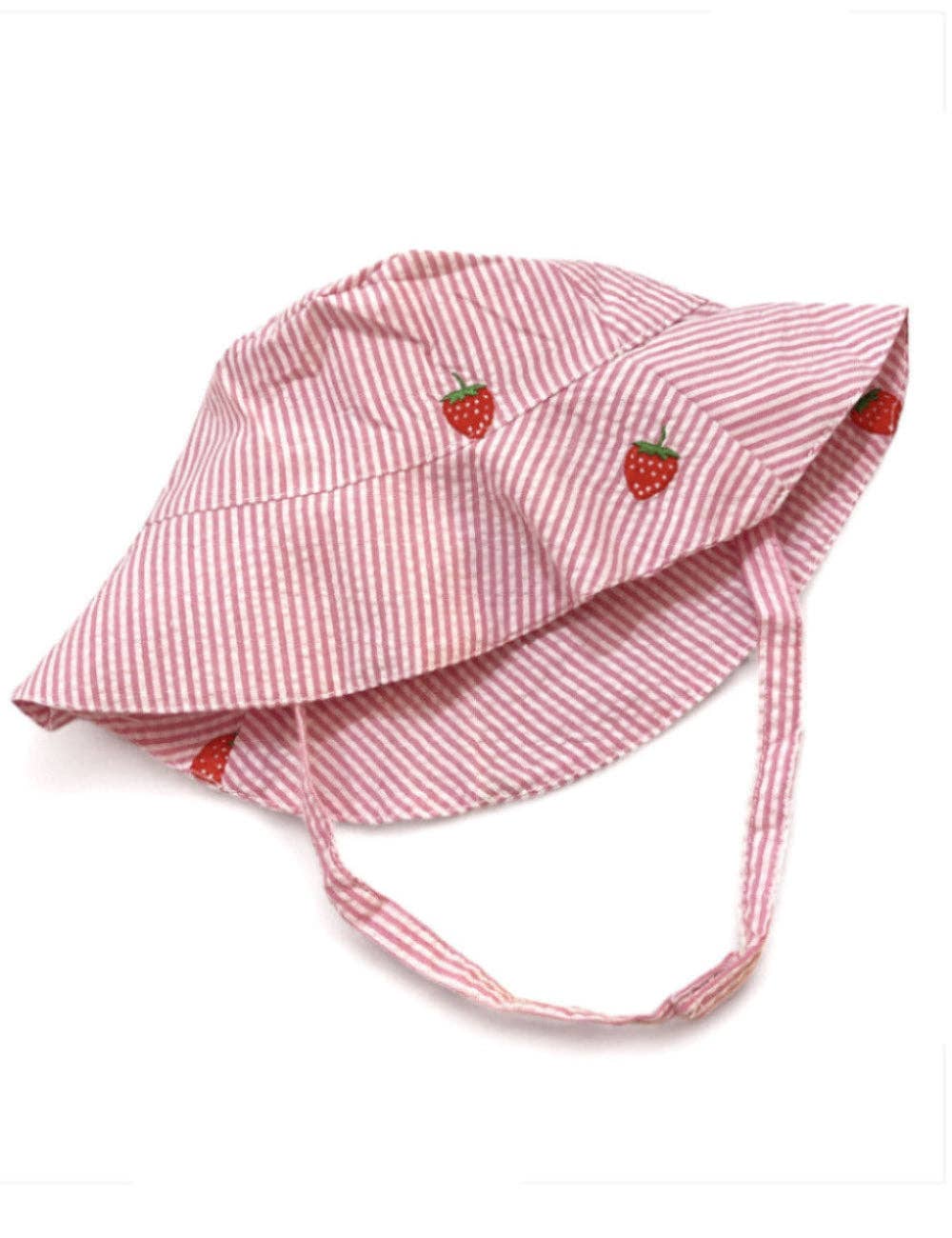Red and white striped baby hat with strawberry designs on a white background