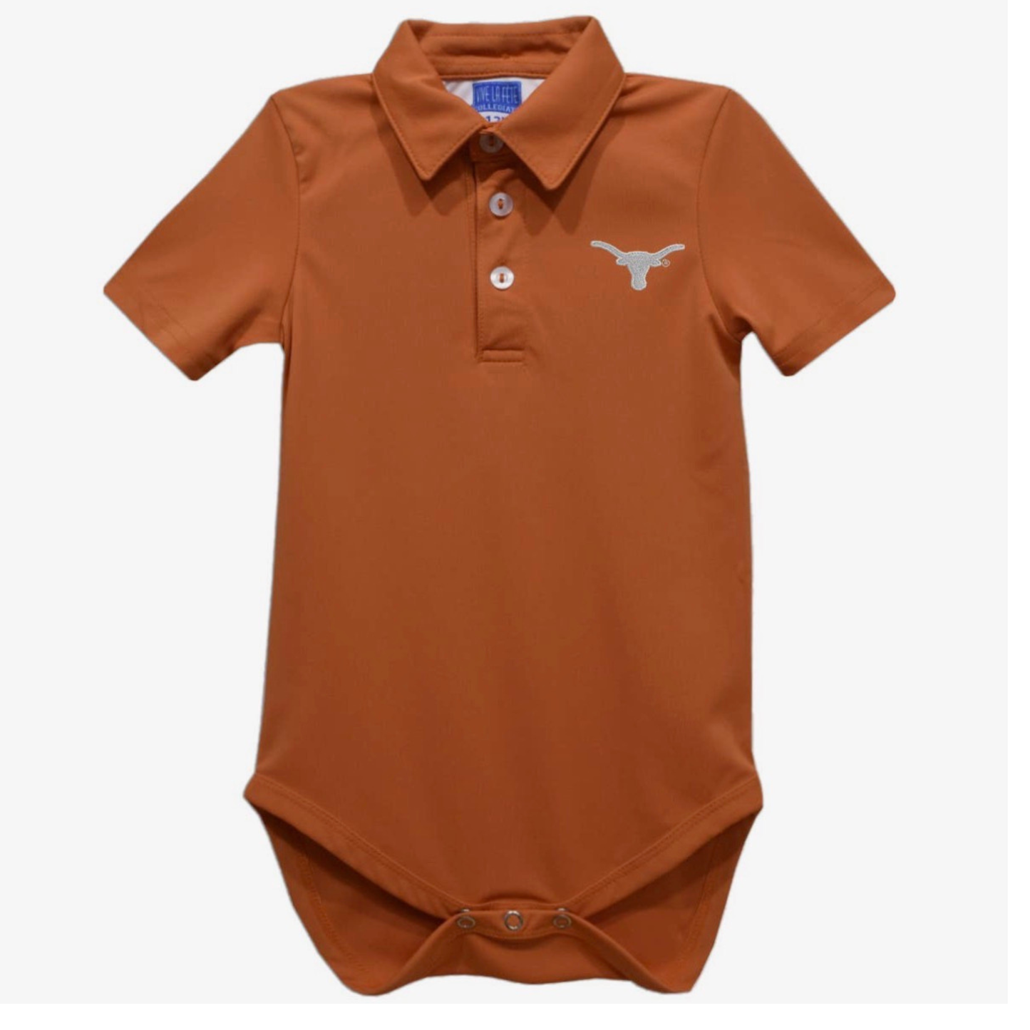 A baby short-sleeve polo bodysuit in burnt orange with a white embroidered Longhorn logo on the left chest, set against a plain white background.