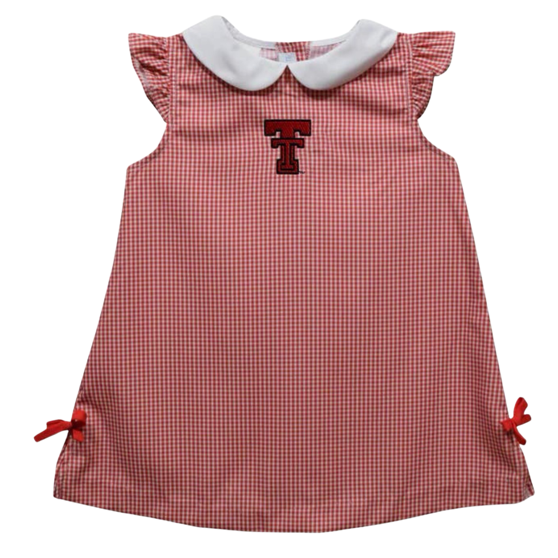 A toddler girl's red and white gingham dress featuring a white Peter Pan collar, ruffled cap sleeves, red side bows, and a red Texas Tech 'T' logo on the chest.