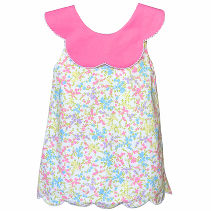 Embroidered Pink & Green Scallop Dress