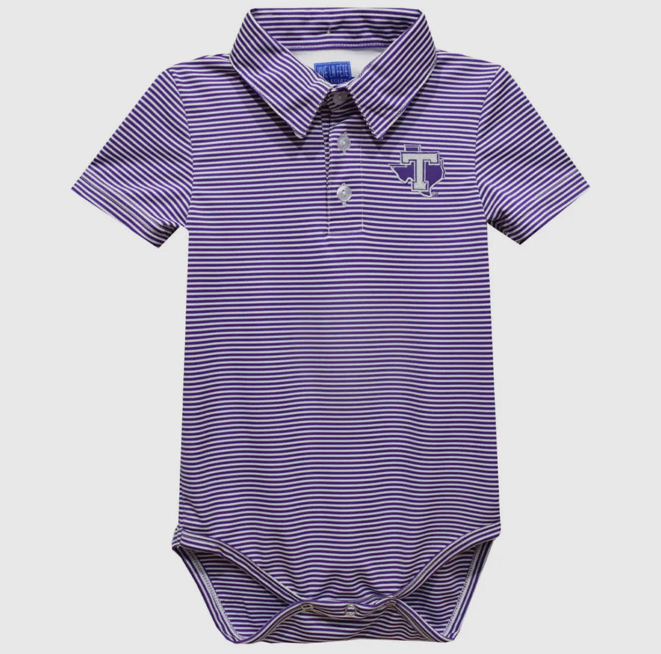 Purple and white striped baby bodysuit with collar on a light gray background