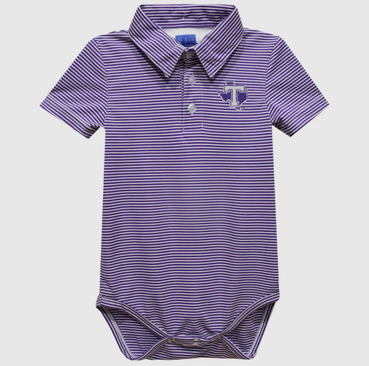 Purple and white striped baby bodysuit with collar on a light gray background