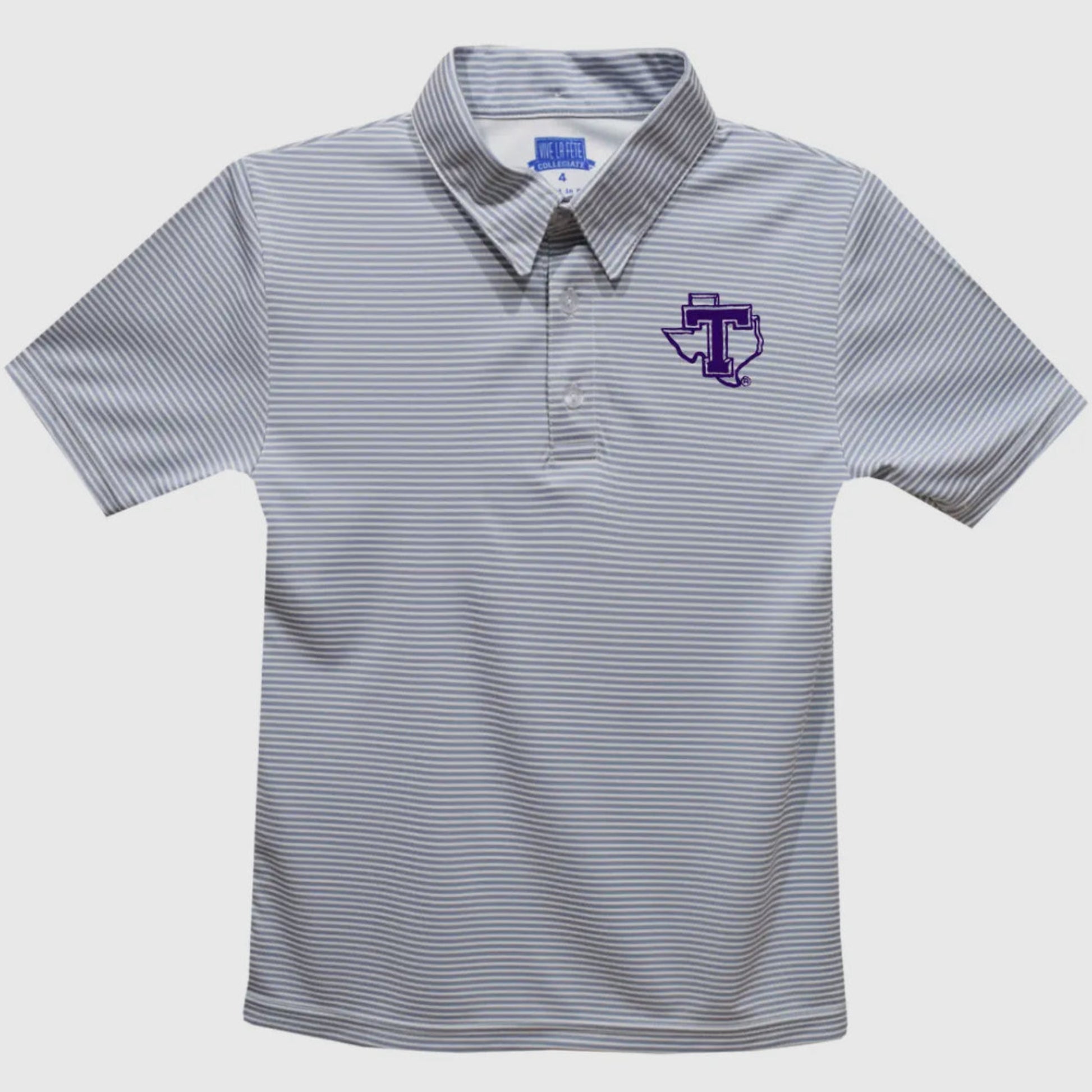 A short-sleeve polo shirt with thin gray and white horizontal stripes, featuring a purple Texas Longhorns logo on the left chest, displayed on a light gray background.