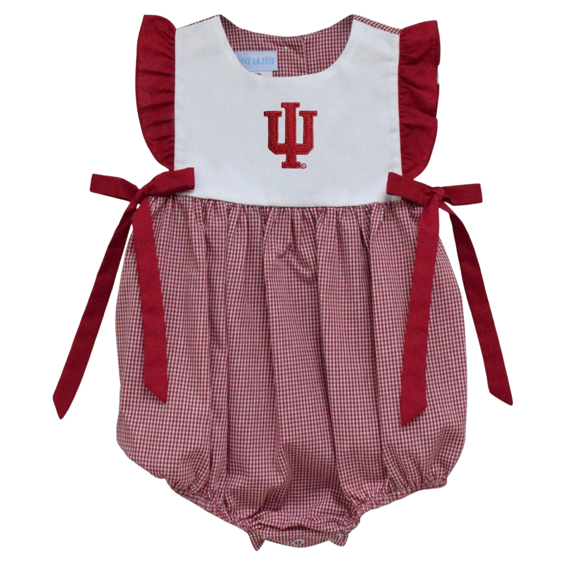 Red and white checkered baby romper with IU logo on a white background