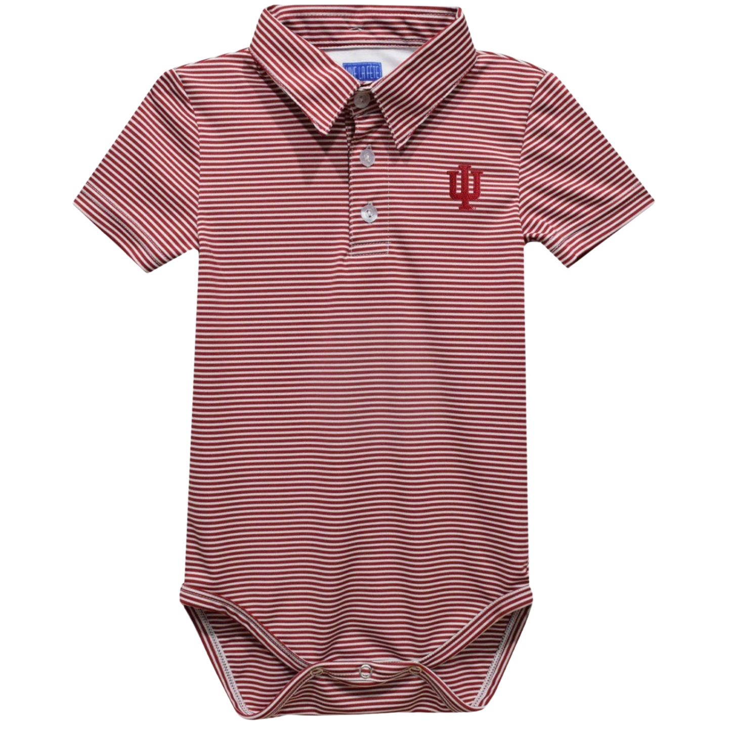 A baby short-sleeve polo bodysuit with thin horizontal red and white stripes, featuring a three-button placket and a red Indiana University 'IU' logo on the left chest.