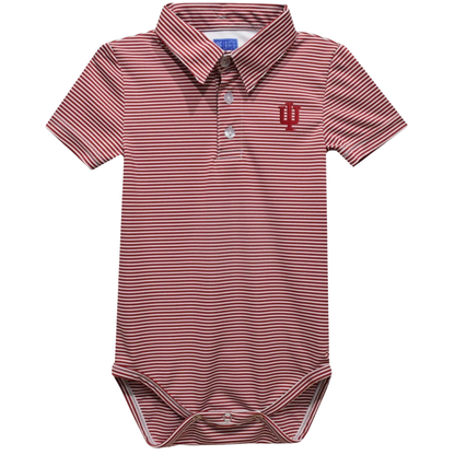 A baby short-sleeve polo bodysuit with thin horizontal red and white stripes, featuring a three-button placket and a red Indiana University 'IU' logo on the left chest.