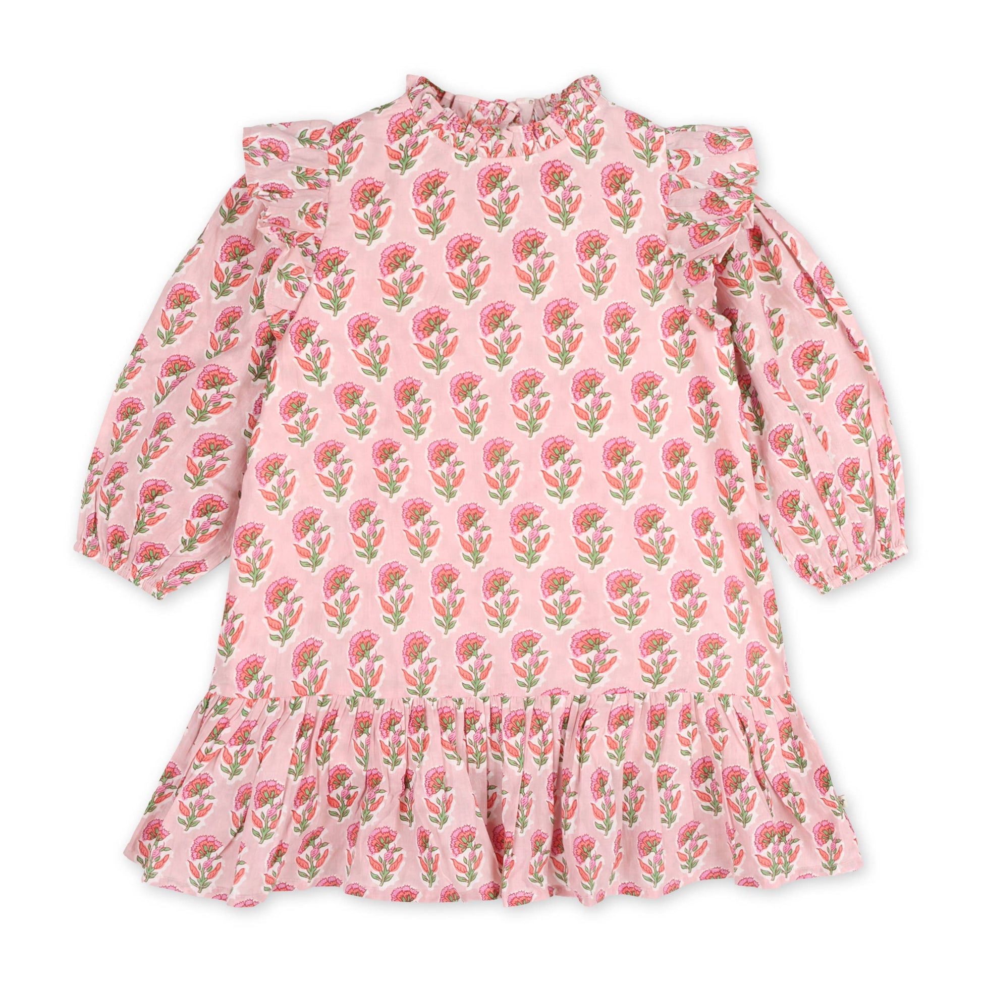 Pink dress with flower pattern on white background 