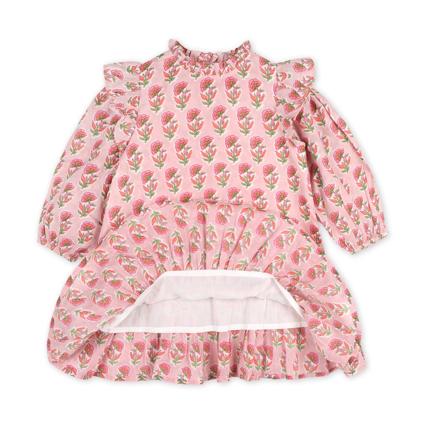 Pink floral dress with long sleeves on a white background