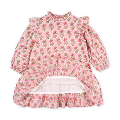 Pink floral dress with long sleeves on a white background