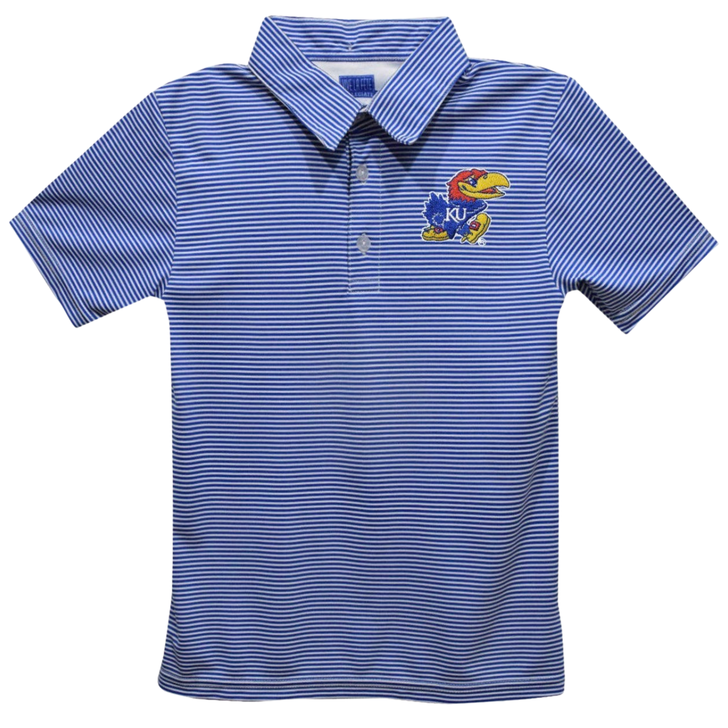 A short-sleeve polo shirt with thin blue and white horizontal stripes, featuring a blue and white embroidered 'KU' logo with the Kansas Jayhawks mascot on the left chest, displayed on a solid white background.