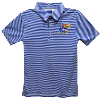 A short-sleeve polo shirt with thin blue and white horizontal stripes, featuring a blue and white embroidered 'KU' logo with the Kansas Jayhawks mascot on the left chest, displayed on a solid white background.