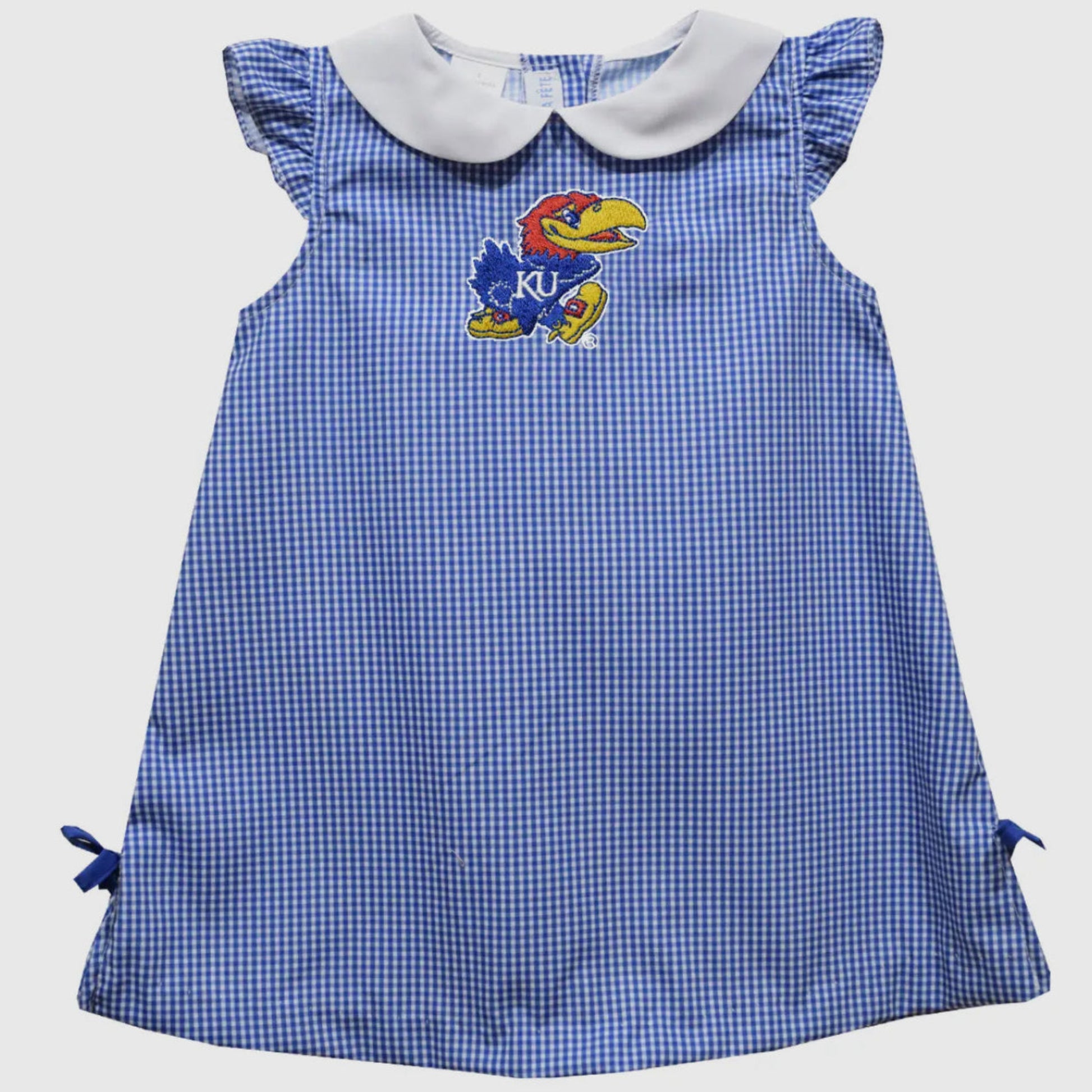 Blue checkered dress with a white collar and embroidered logo on a light gray background