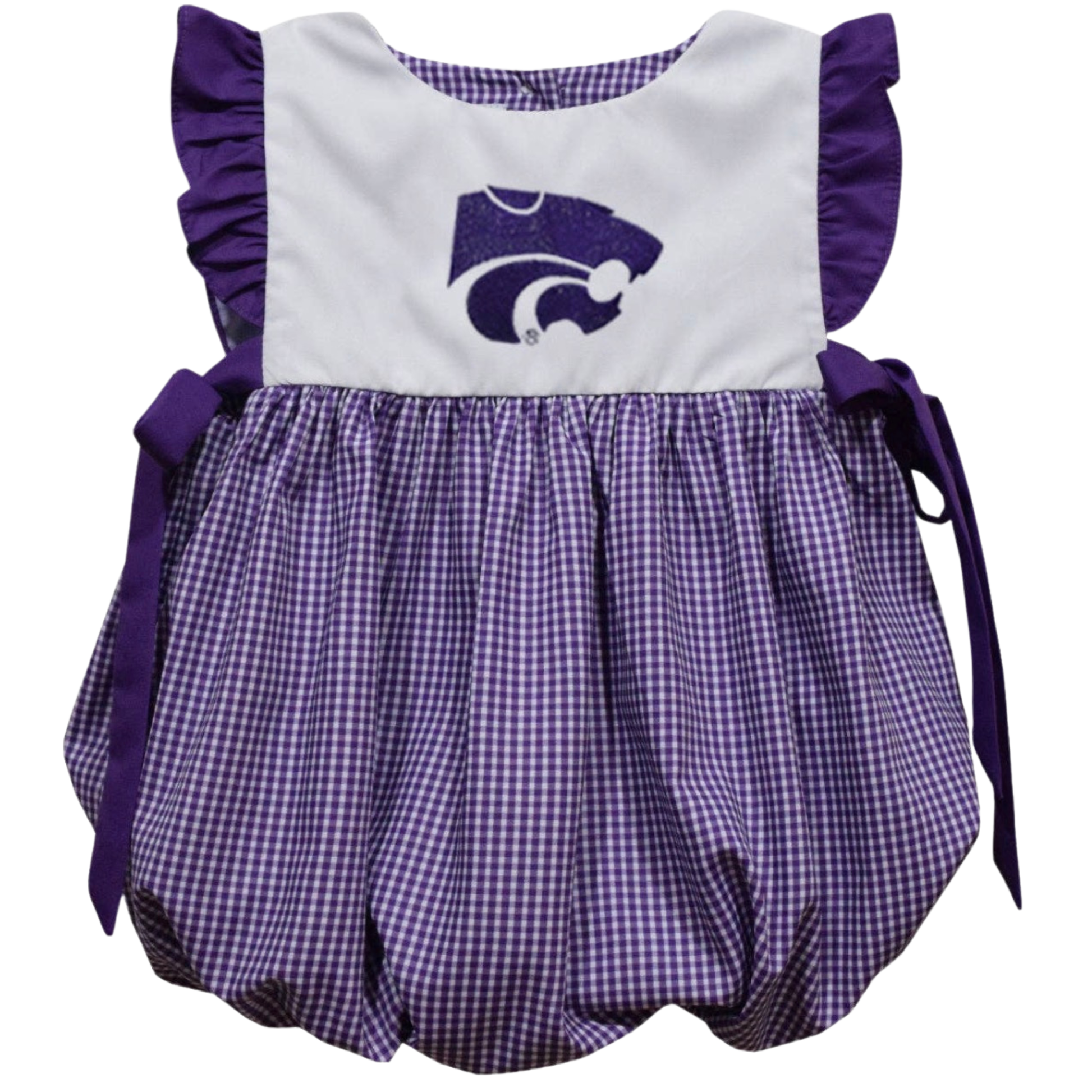 A baby girl's Kansas State Wildcats dress featuring a white bib-style bodice with a purple embroidered wildcat logo, purple ruffle sleeves, and a purple and white gingham checkered bloomers skirt with side bows.