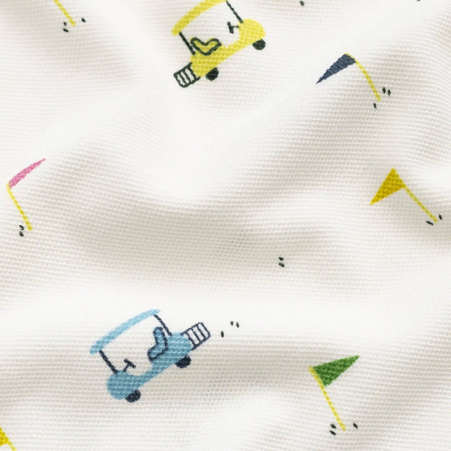 Pattern of colorful golf carts on a white fabric background