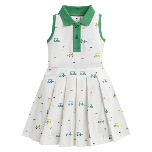 White dress with green collar and colorful car pattern on a white background