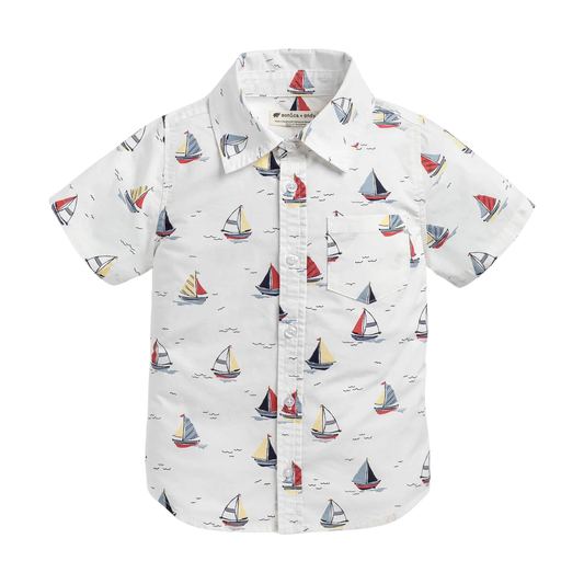 Children's button upshirt with sailboat pattern on a white background