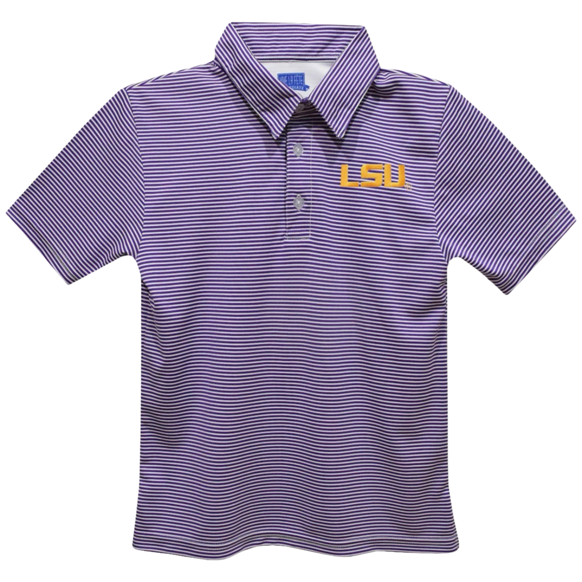 A short-sleeve polo shirt with thin purple and white horizontal stripes, featuring a purple and gold embroidered 'LSU' logo on the left chest.