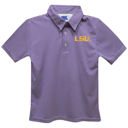 A short-sleeve polo shirt with thin purple and white horizontal stripes, featuring a purple and gold embroidered 'LSU' logo on the left chest.