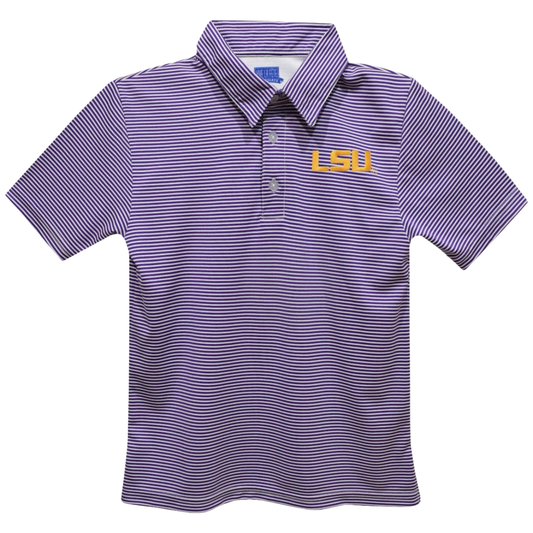 A short-sleeve polo shirt with thin purple and white horizontal stripes, featuring a purple and gold embroidered 'LSU' logo on the left chest.