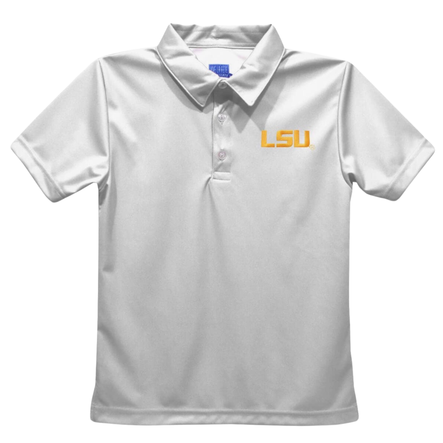 A white short-sleeve polo shirt with a two-button placket and 'LSU' printed in yellow on the left chest, shown against a plain white background.