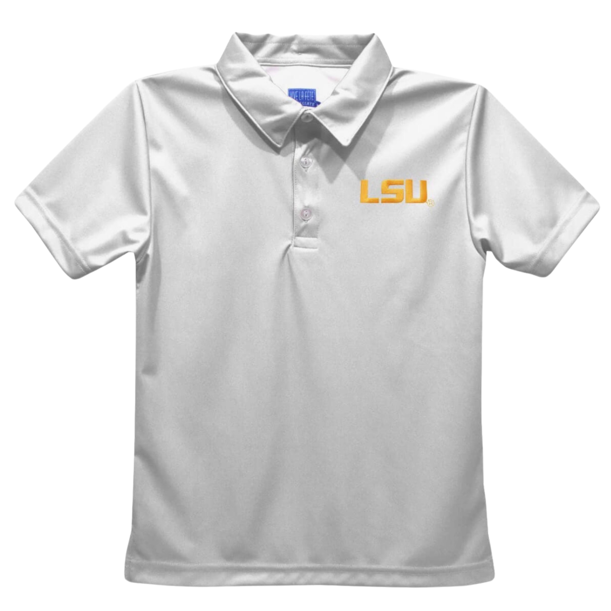 A white short-sleeve polo shirt with a two-button placket and 'LSU' printed in yellow on the left chest, shown against a plain white background.