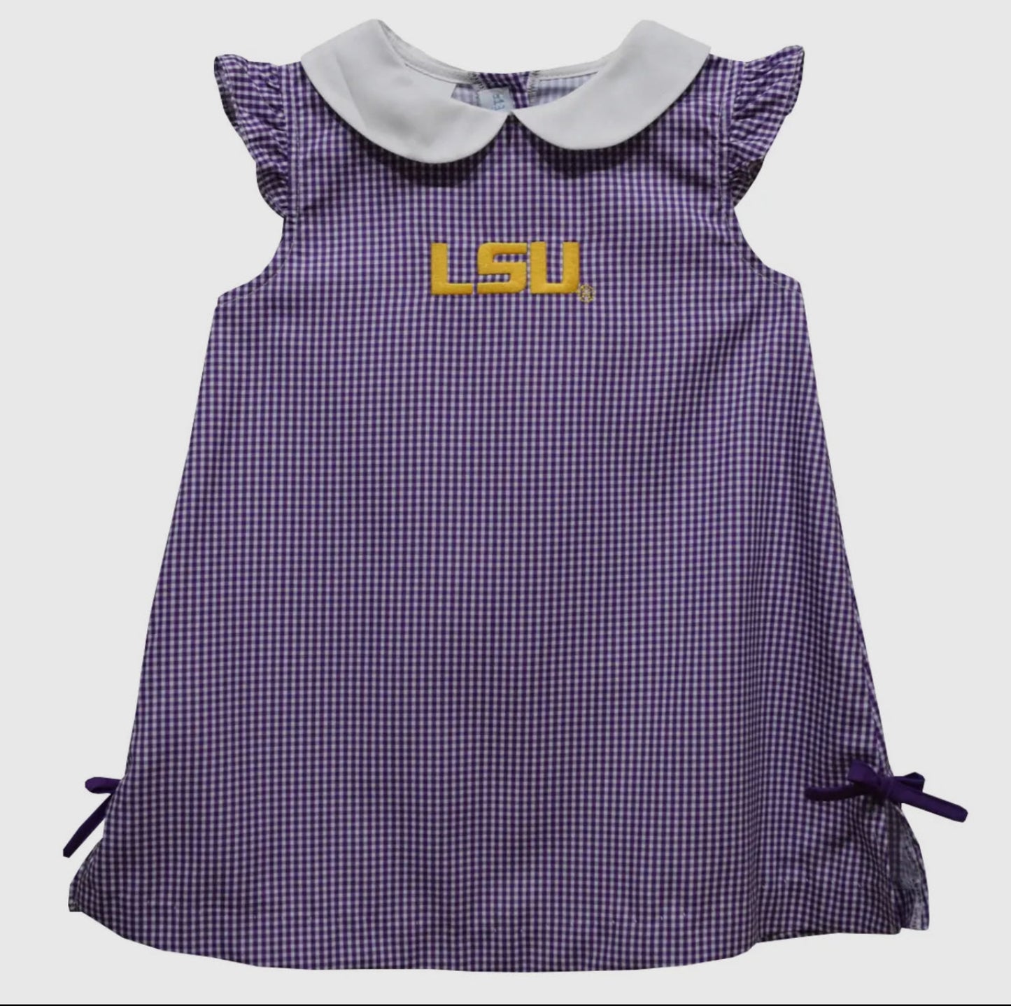 Purple checkered dress with LSU logo on a white background