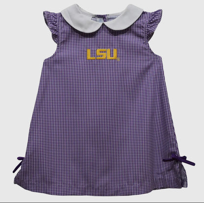 Purple checkered dress with LSU logo on a white background