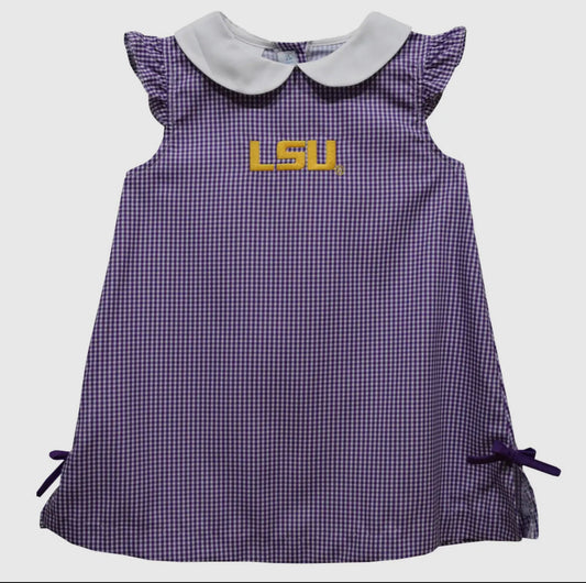 Purple checkered dress with LSU logo on a white background