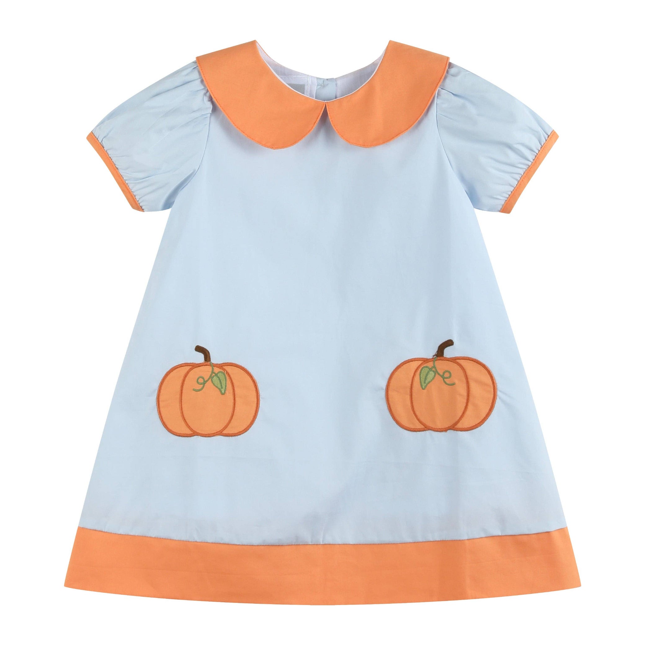 A baby girl's short-sleeve dress in light blue with an orange Peter Pan collar, orange sleeve trim, an orange hem, and two embroidered orange pumpkins on the front.