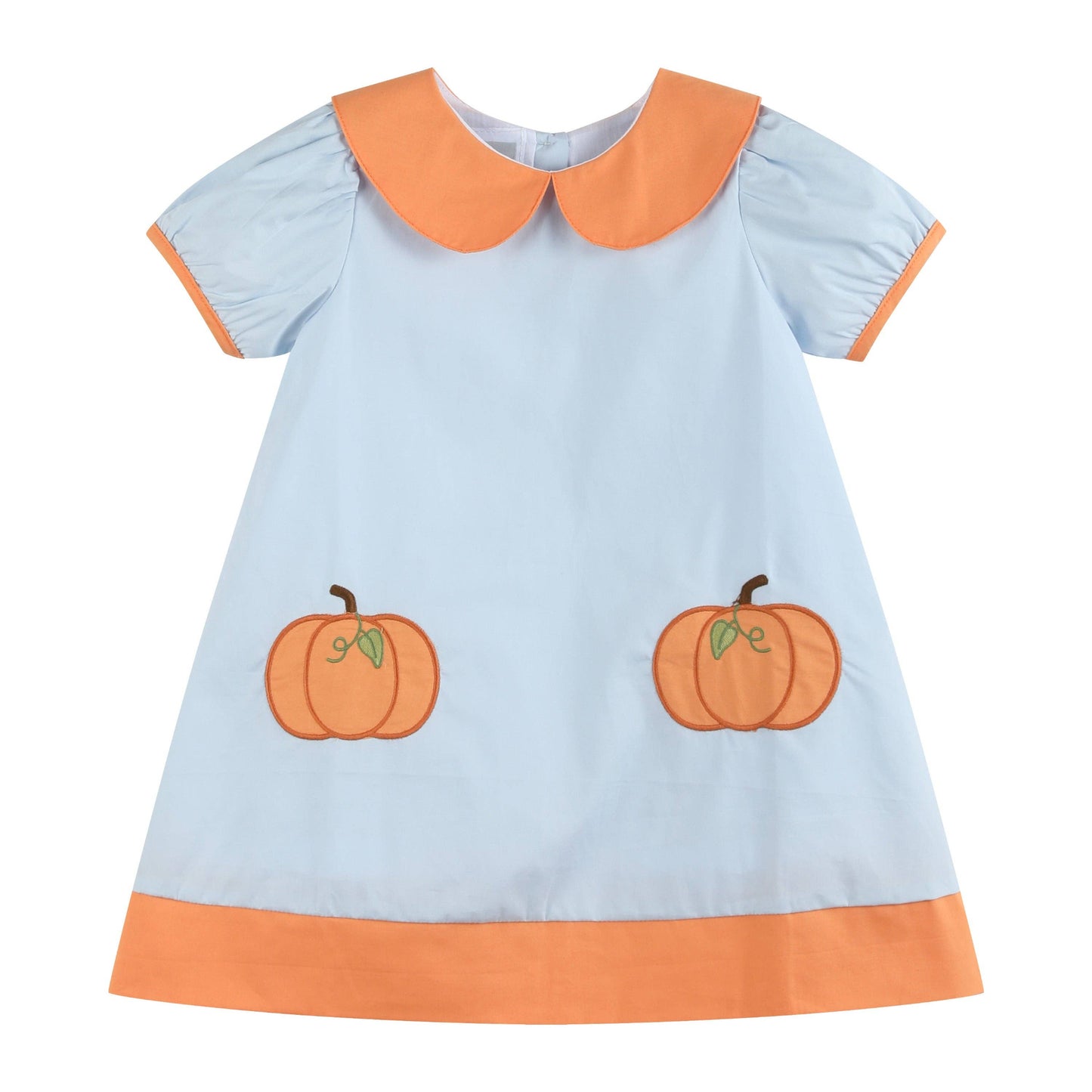A baby girl's short-sleeve dress in light blue with an orange Peter Pan collar, orange sleeve trim, an orange hem, and two embroidered orange pumpkins on the front.