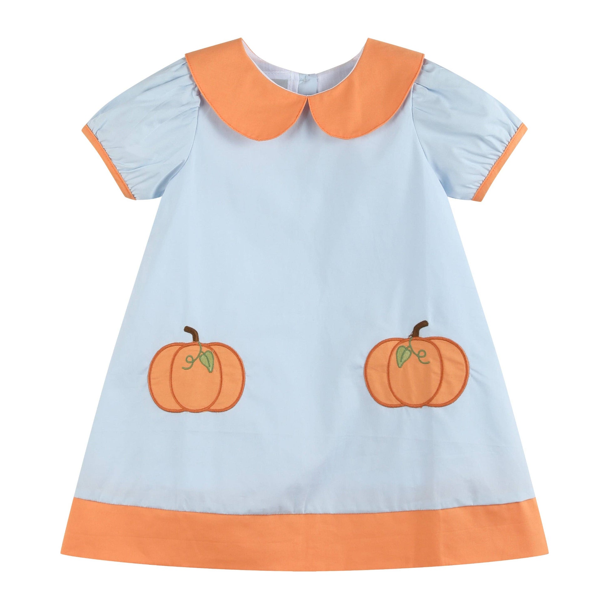 A baby girl's short-sleeve dress in light blue with an orange Peter Pan collar, orange sleeve trim, an orange hem, and two embroidered orange pumpkins on the front.