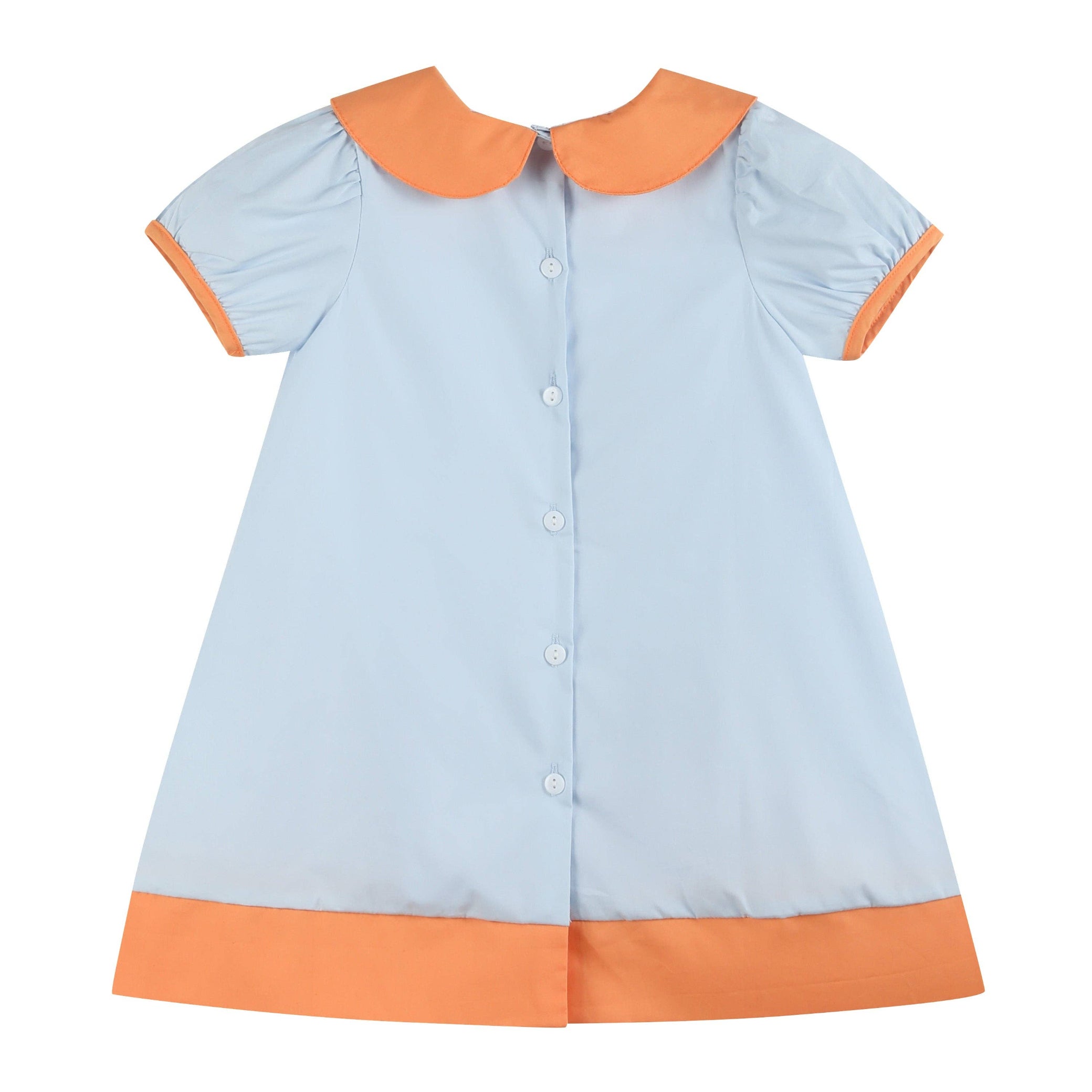 Light blue dress with orange collar and hem on a white background