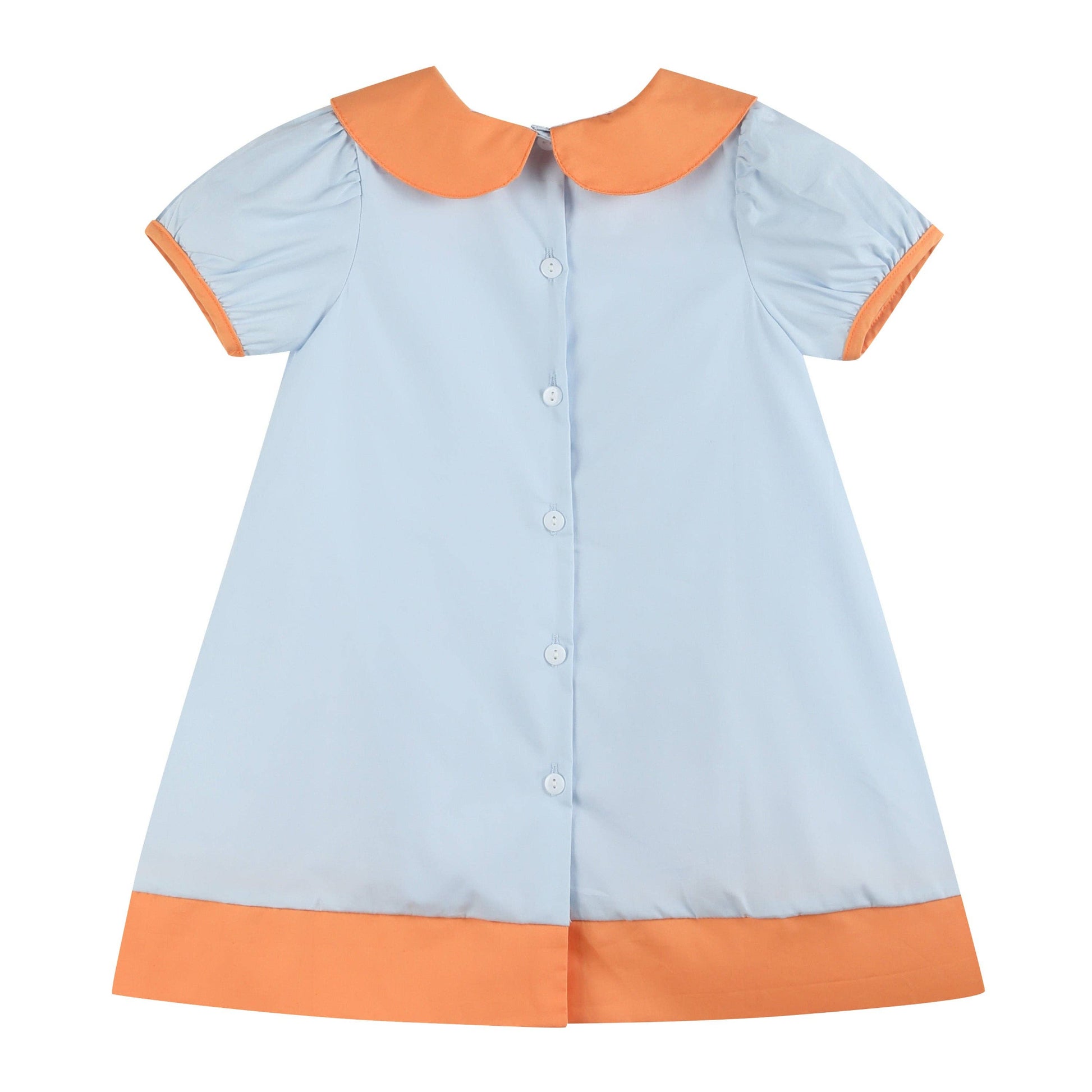 Light blue dress with orange collar and hem on a white background