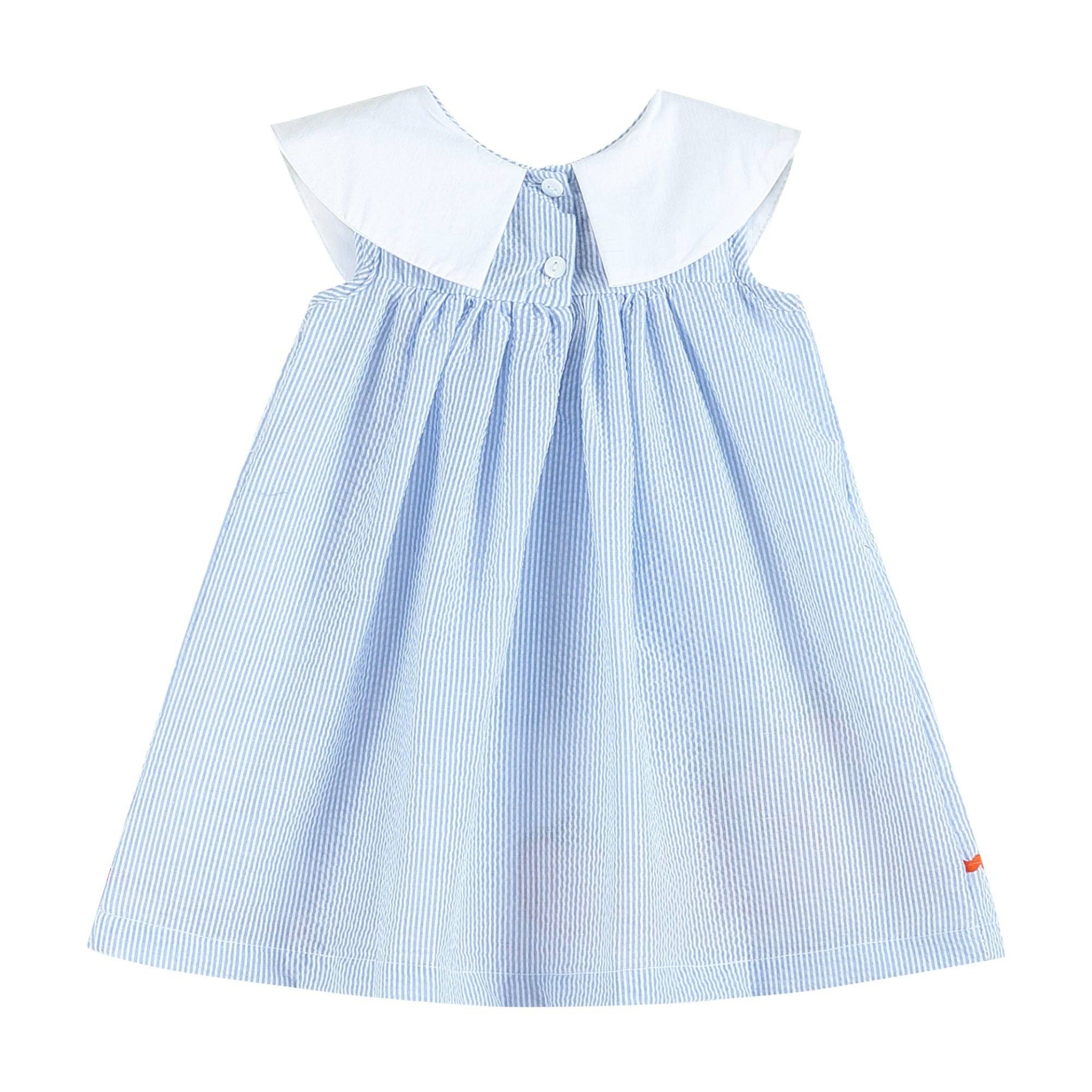 A baby girl's sleeveless dress featuring a light blue and white vertical stripe body with a solid white Peter Pan collar and a buttoned neckline.