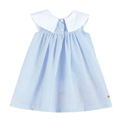 A baby girl's sleeveless dress featuring a light blue and white vertical stripe body with a solid white Peter Pan collar and a buttoned neckline.