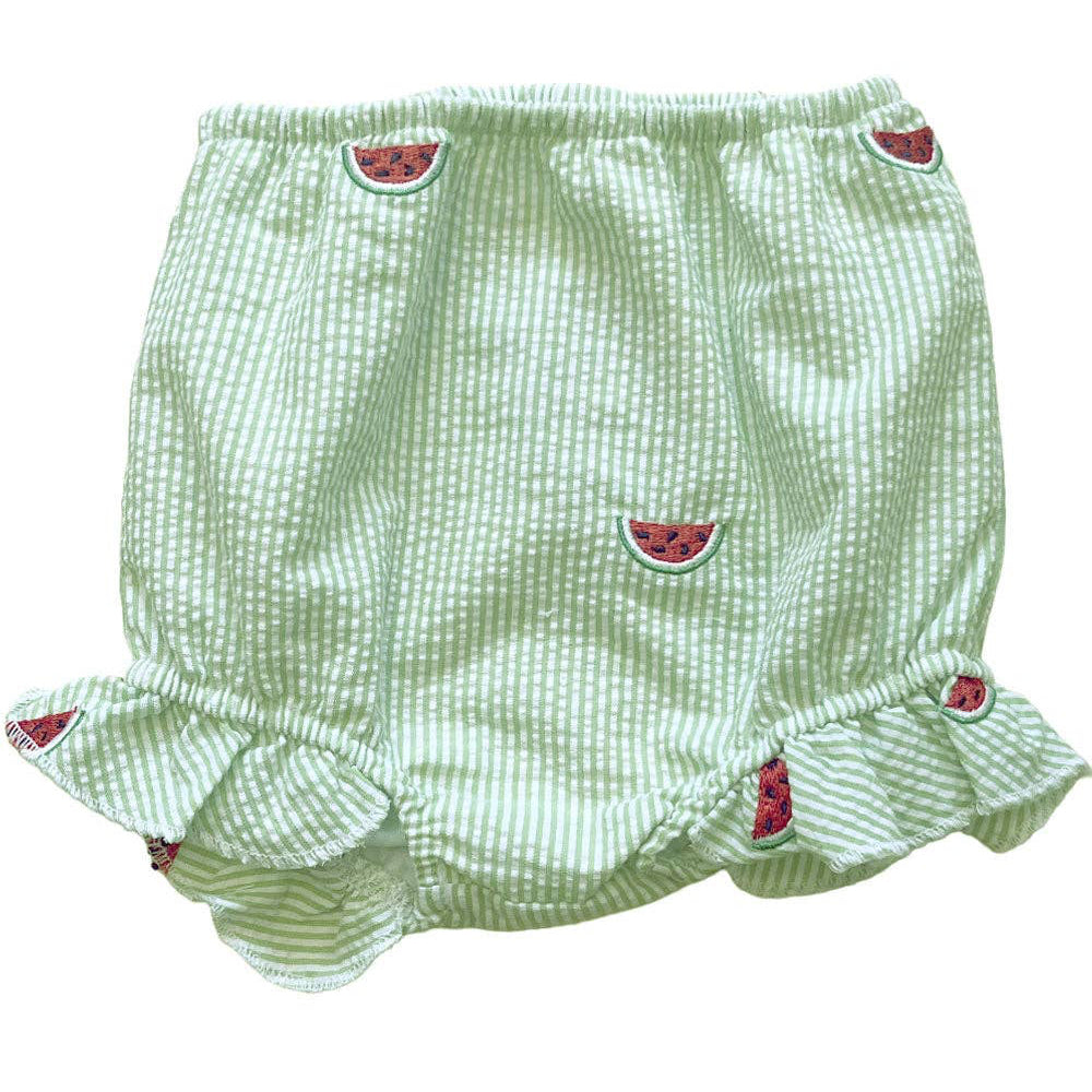 Green checkered baby bloomers with watermelon designs on a white background