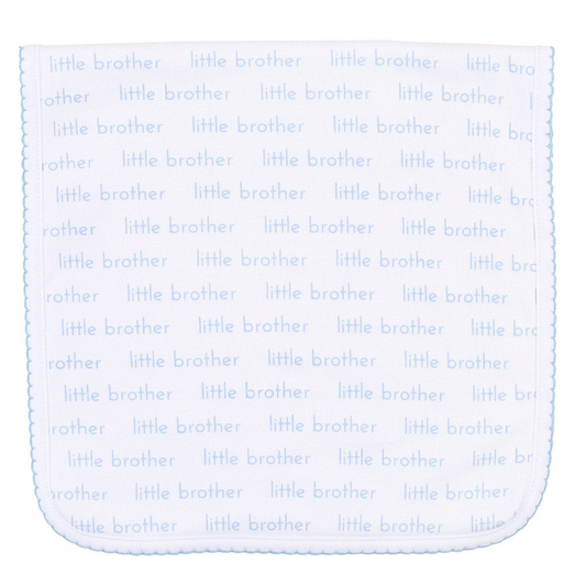 Baby burb cloth with 'little brother' text on a light blue background Pima cotton Blue Picot Trim 