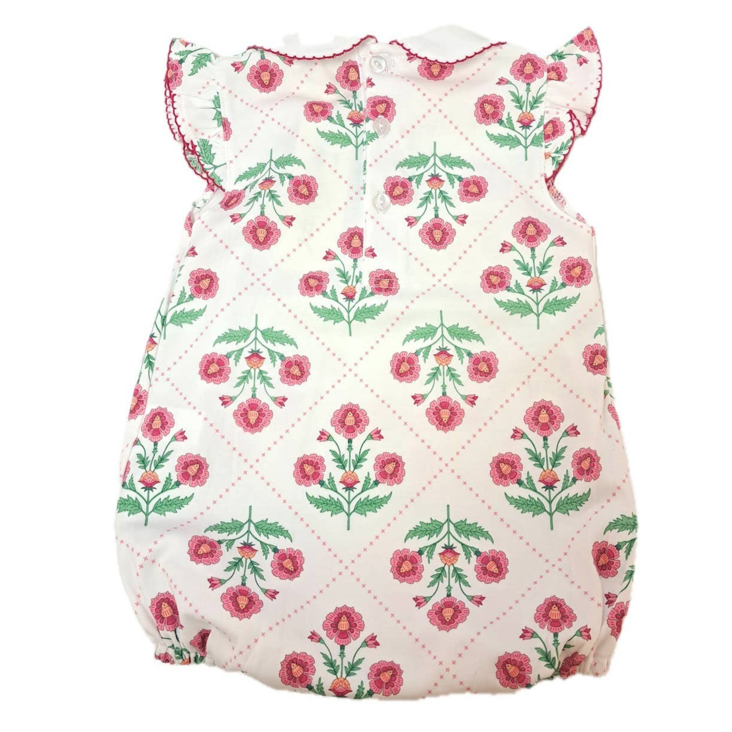 Floral-patterned baby romper on a white background